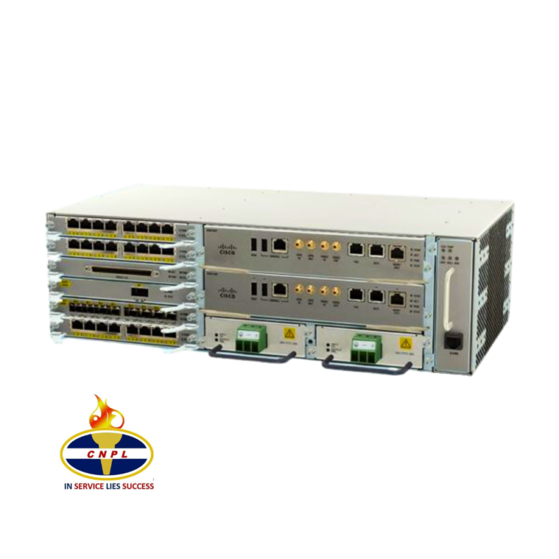 The ASR-903 network switch is depicted, showcasing its multiple ports and connections along with various indicators and labels. The device features a metallic casing with ventilation slots. Below the device, there is a logo that reads "CNPL - In Service Lies Success".